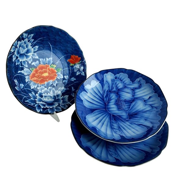 Arita Ware Japanese Porcelain 3 Bowls Blue Cobalt Pottery Floral Designs - Picture 5 of 10